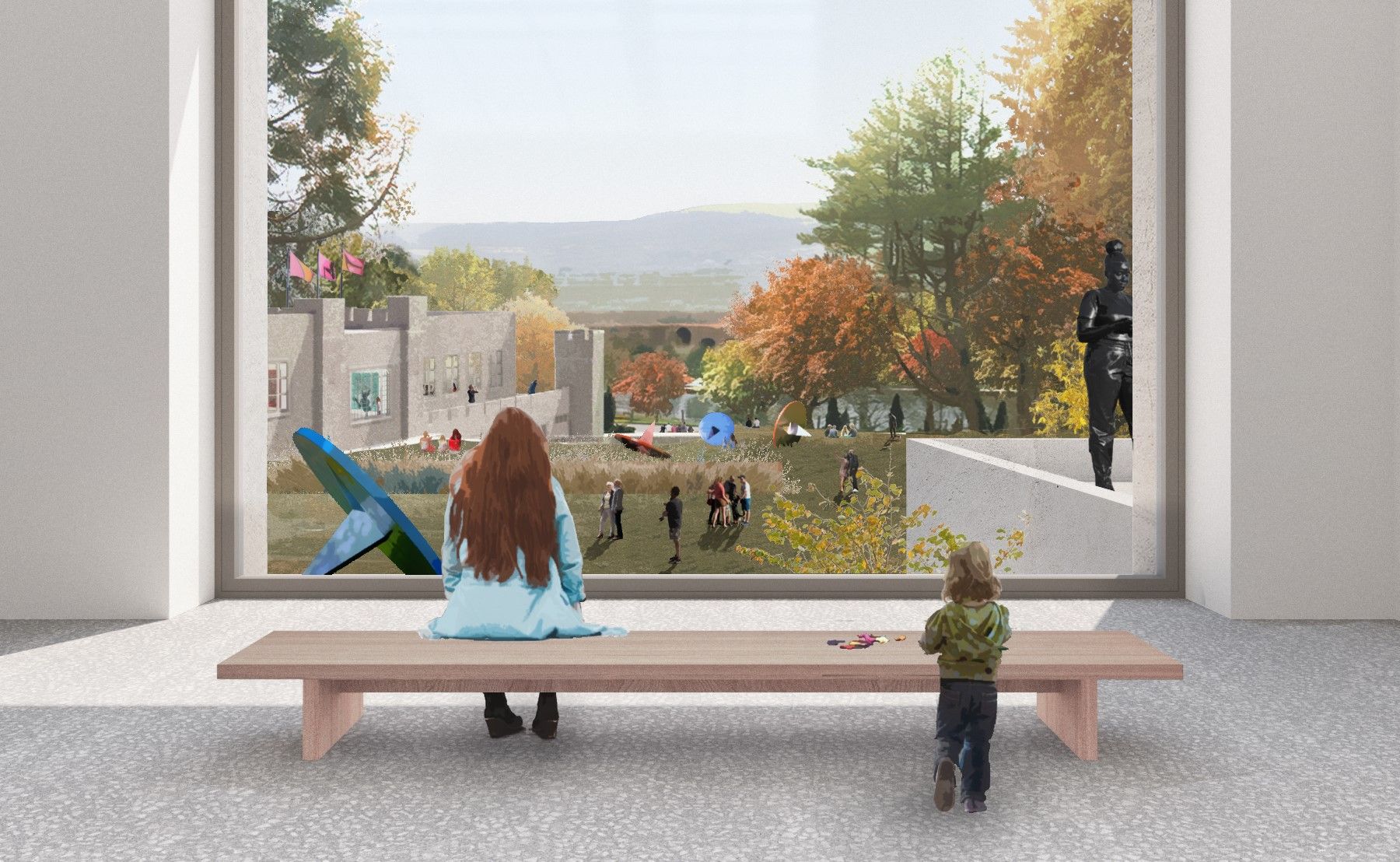 Illustration of a girl in a blue dress sat on a bench looking out of a window at a castle and people walking on a lawn.jpg Illustration of a girl in a blue dress sat on a bench looking out of a window at a castle and people walking on a lawn.jpg
