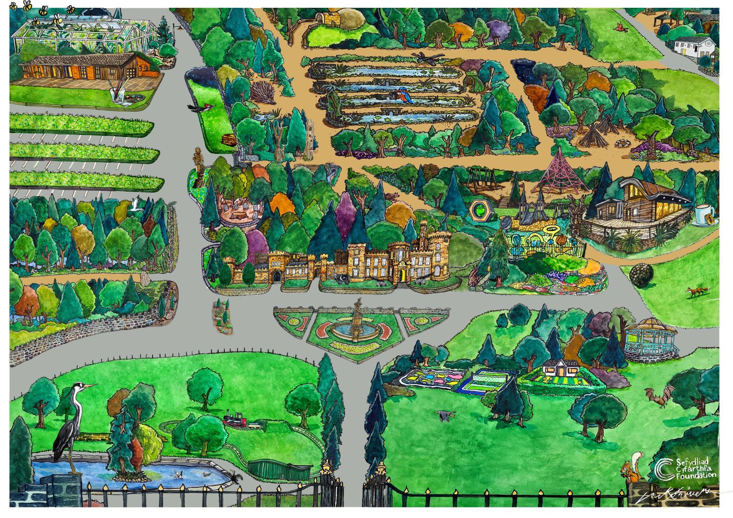 An illustrative map of a Cyfarthfa Park including the castle, buildings and wildlife..jpg
