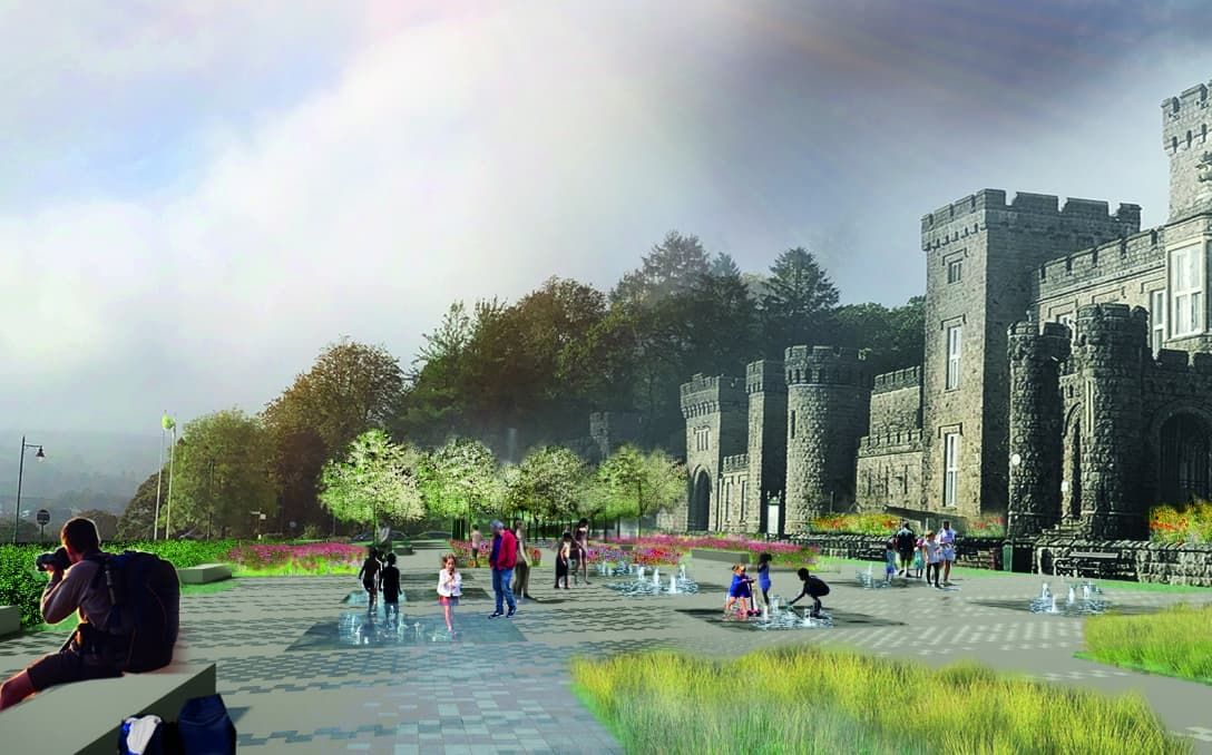 An illustration of people walking through water features outside the front of Cyfarthfa Castle.jpg An illustration of people walking through water features outside the front of Cyfarthfa Castle.jpg