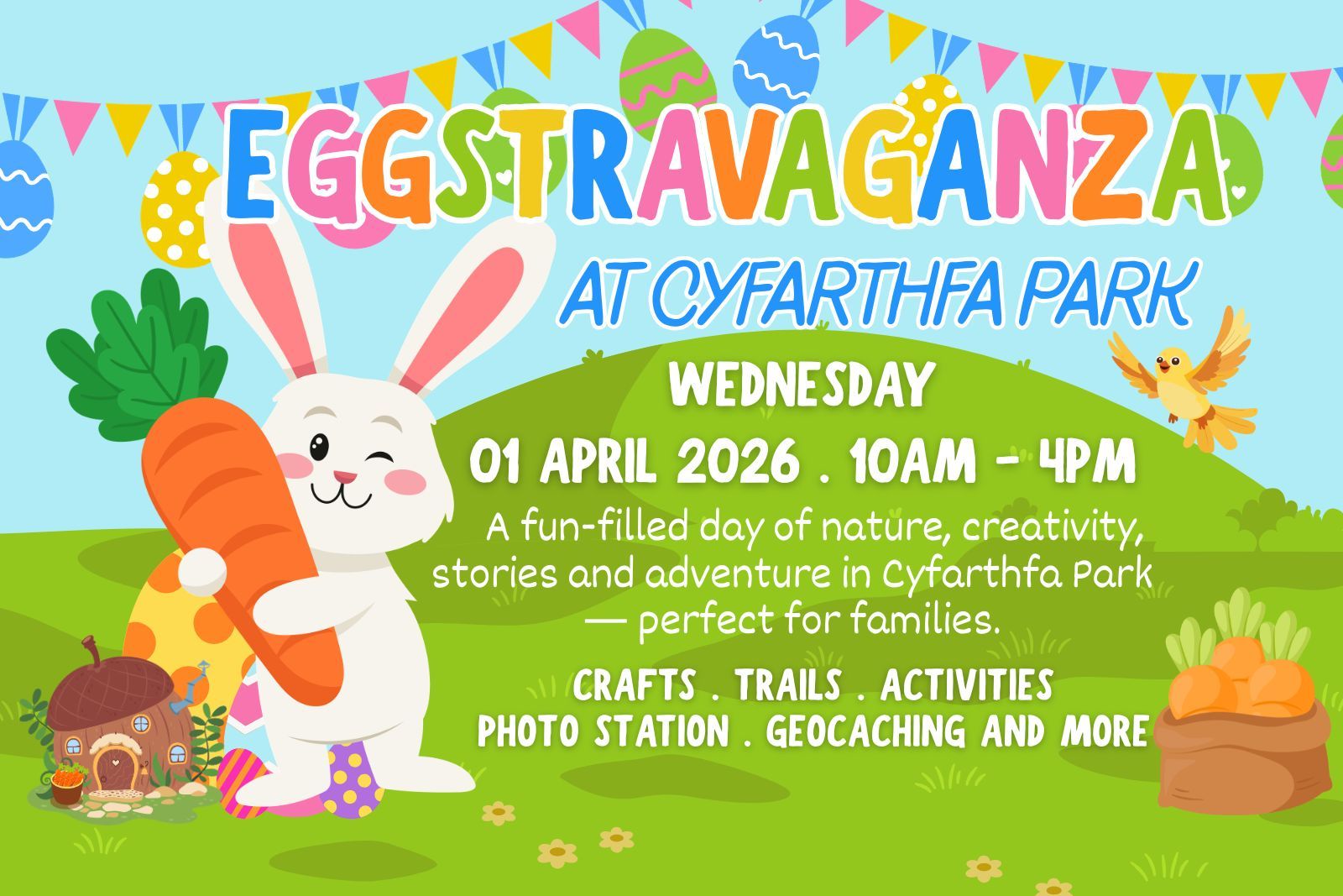 A graphic with a white bunny and a carrot advertising the Easter Eggstravaganza at Cyfarthfa..jpg